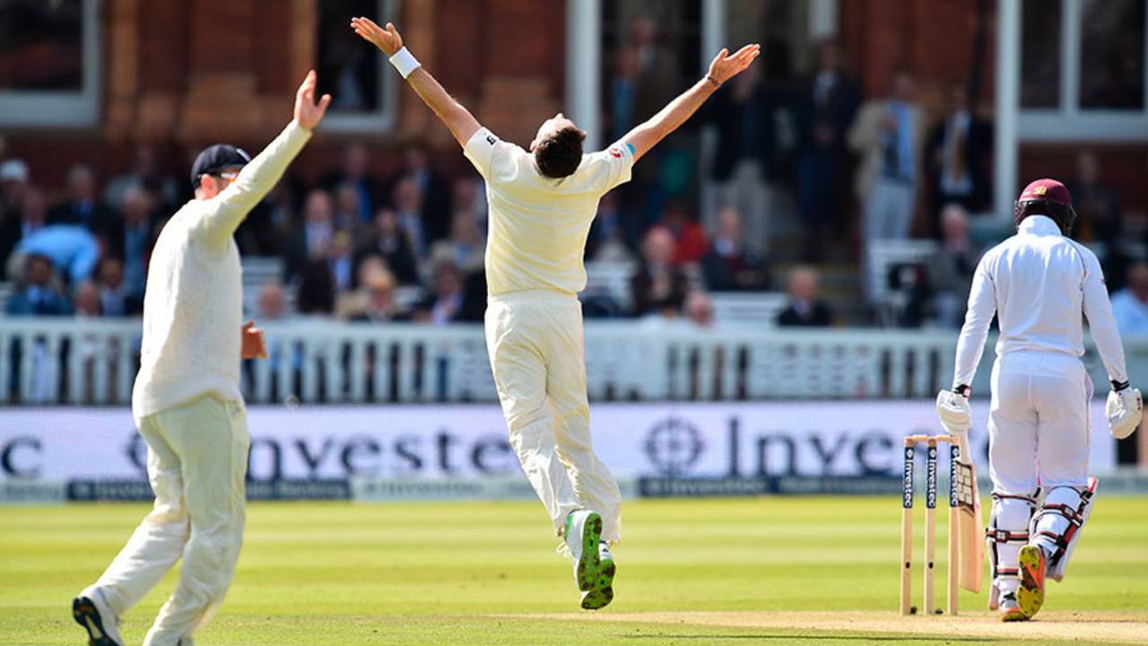 James Anderson celebrates his fifth wicket, England v West Indies, 3rd Investec Test, Lord's, 3rd day, September 9, 2017 