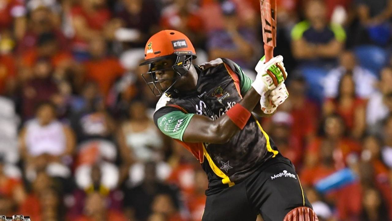 Carlos Brathwaite crunches a four through cover, Trinbago Knight Riders v St Kitts and Nevis Patriots, CPL 2017, final, Tarouba, September 9, 2017