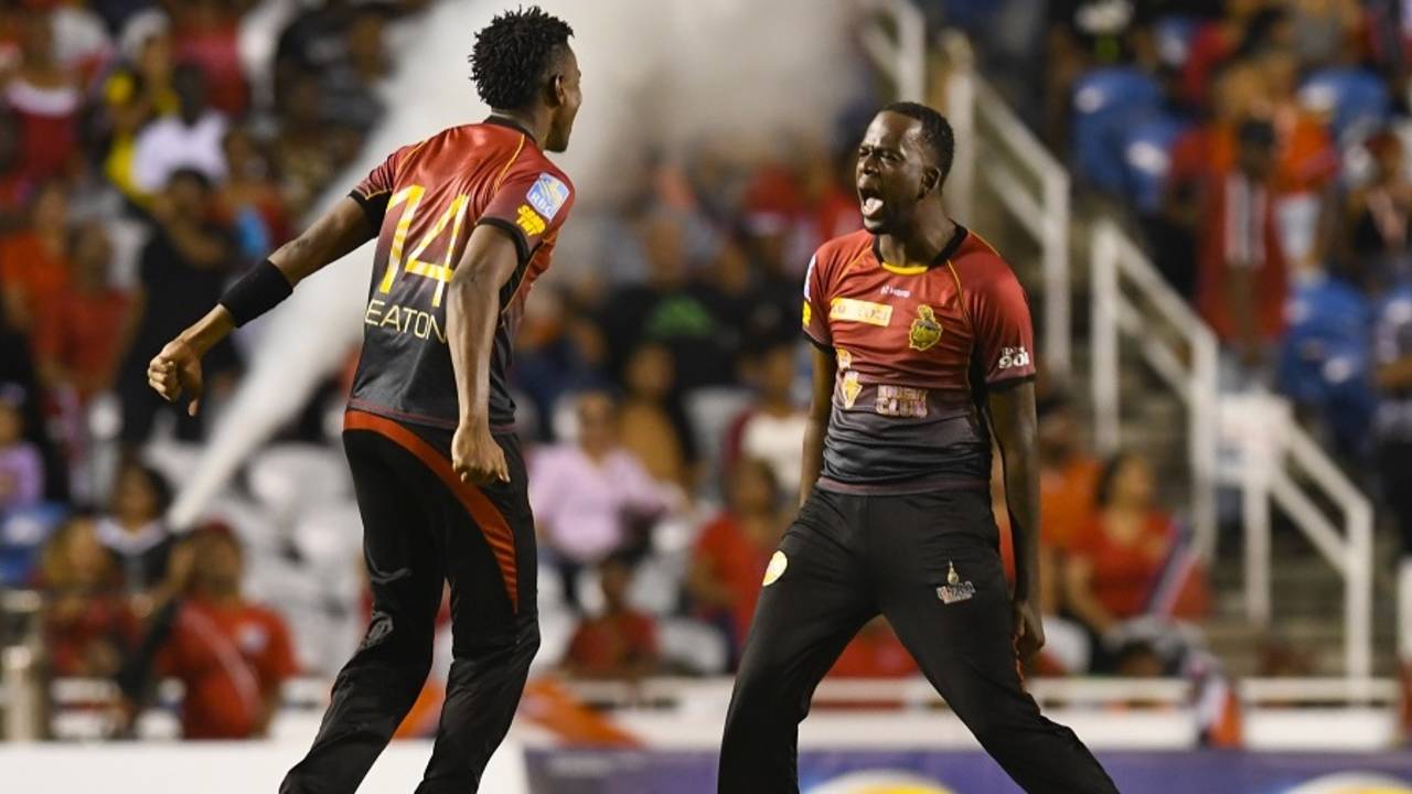 Kevon Cooper and Ronsford Beaton celebrate a Patriots wicket, Trinbago Knight Riders v St Kitts and Nevis Patriots, CPL 2017, final, Tarouba, September 9, 2017
