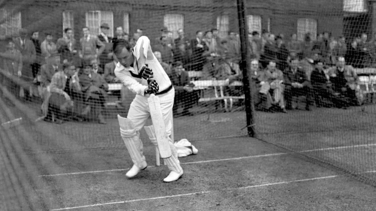 Ron Archer plays a defensive shot in the nets during the Australia tour of England, 1956