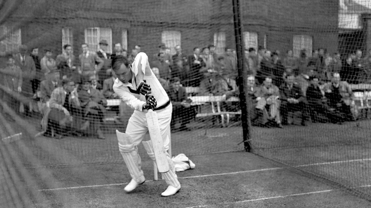 Ron Archer plays a defensive shot in the nets during the Australia tour of England, 1956