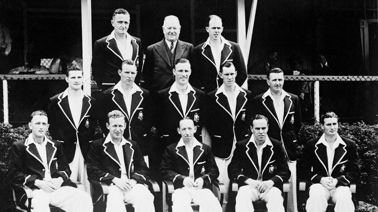 An Australia team photo. Back row, from left: Jack Iverson, team manager WH Jeanes, Bill Johnston. Middle row, from left: Neil Harvey, Ray Lindwall, Sam Loxton, Ken Archer, Jack Moroney. Front row, from left: Don Tallon, Arthur Morris, Lindsay Hassett, Ian Johnson, Keith Miller. Australia v England, first Test, day four, Brisbane, December 4, 1950 