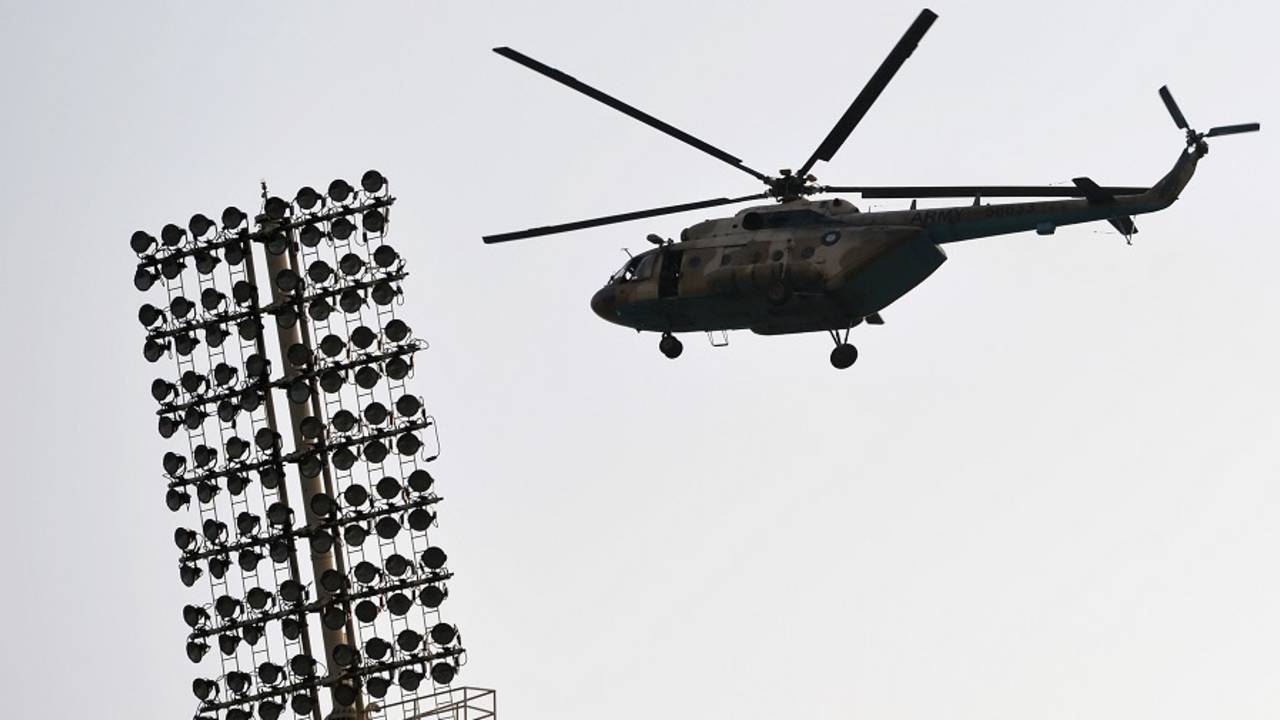 A Pakistani army helicopter patrols over the Gaddafi Stadium, Pakistan v World XI, 2nd T20I, Independence Cup 2017, Lahore, September 13, 2017