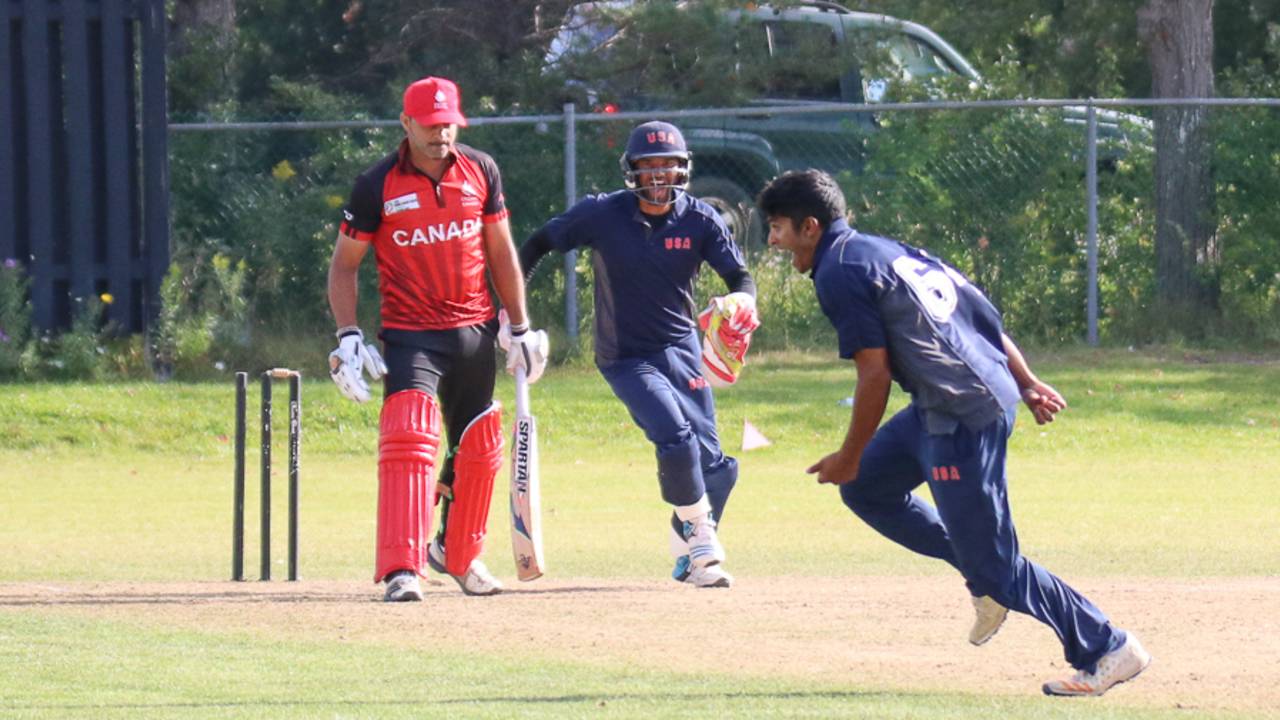 Nosthush Kenjige sprints away after bowling Rizwan Cheema to complete a hat-trick, Canada v USA, Auty Cup, King City, September 13, 2017