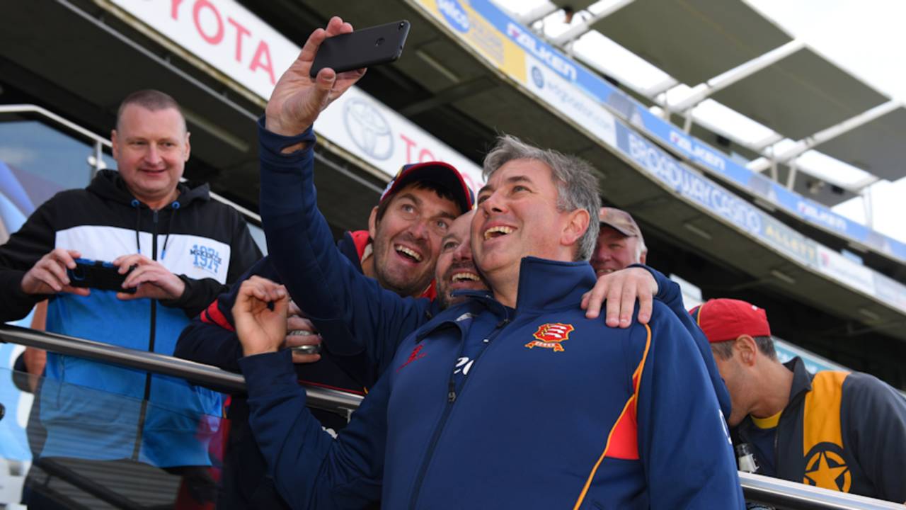 Essex coach Chris Silverwood poses with fans for a selfie, Warwickshire v Essex, Specsavers Championship Division One, Edgbaston, September 14, 2017