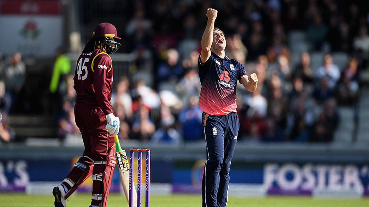 Chris Woakes claimed the wicket of Chris Gayle, England v West Indies, 1st ODI, Old Trafford, September 19, 2017