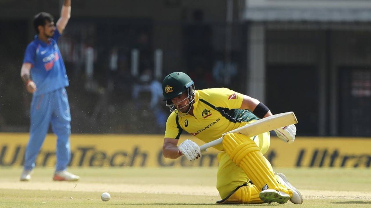 Aaron Finch survived a run out attempt early on, India v Australia, 3rd ODI, Indore