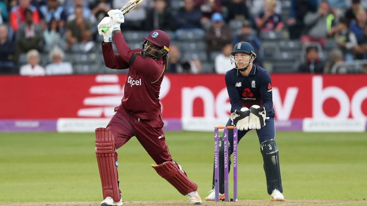 Chris Gayle smashes down the ground, England v West Indies, 3rd ODI, Bristol, September 24, 2017