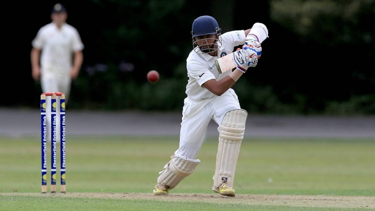 Prithvi Shaw drives the ball down the ground, England U19 v India U19, Worcester, August 2, 2017