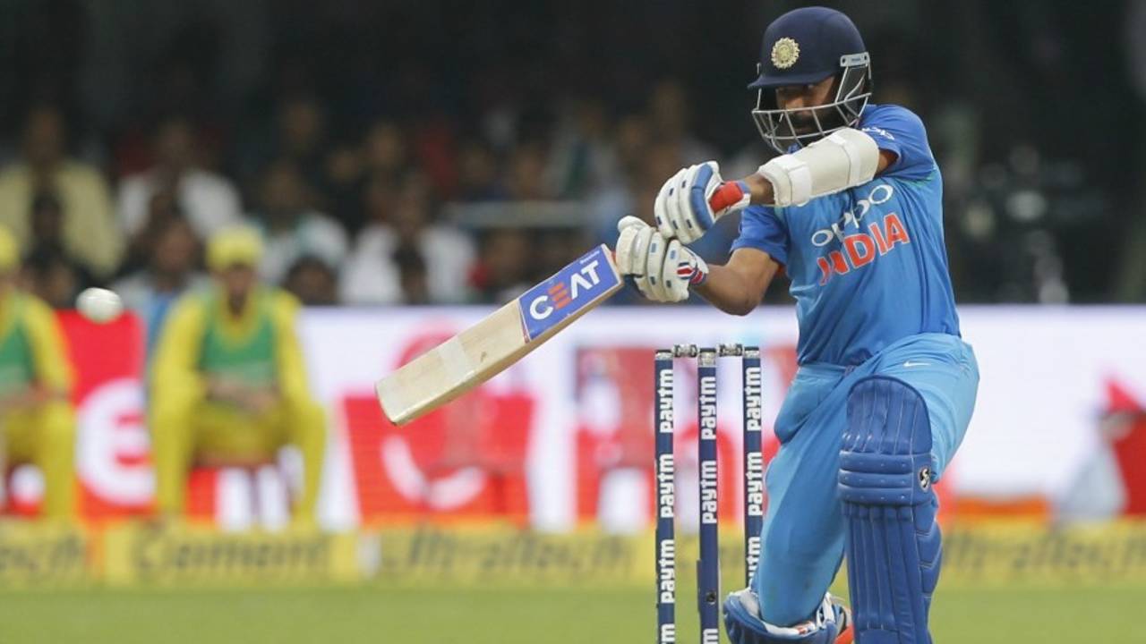 Ajinkya Rahane leans on a square drive, India v Australia, 4th ODI, Bengaluru, September 28, 2017