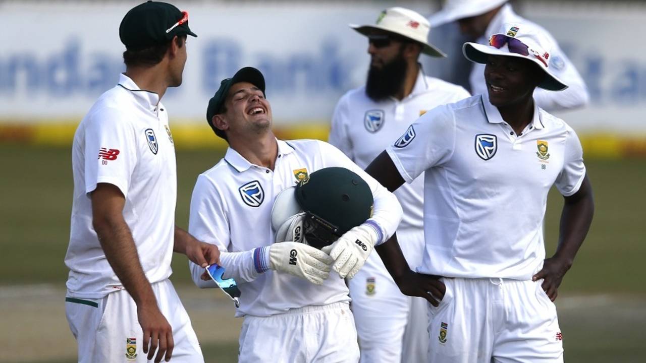 Quinton de Kock and Kagiso Rabada share a lighter moment, South Africa v Bangladesh, 1st Test, Potchefstroom, 3rd day, September 30, 2017
