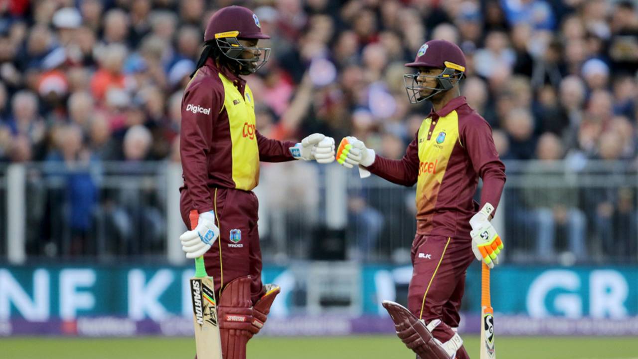 Chris Gayle has some words of advice for Evin Lewis at Chester-le-Street&nbsp;&nbsp;&bull;&nbsp;&nbsp;Getty Images