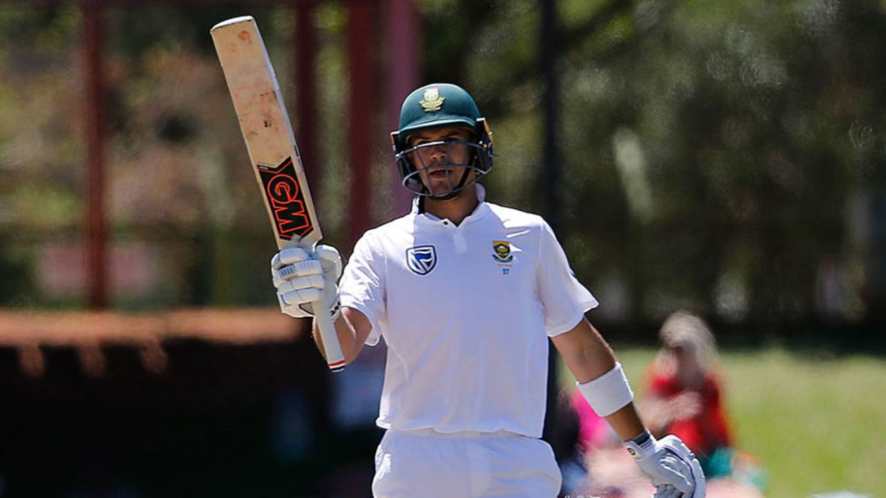 Aiden Markram raises his bat after reaching a fifty, South Africa v Bangladesh, 1st Test, Bloemfontein, 1st day, October 6, 2017