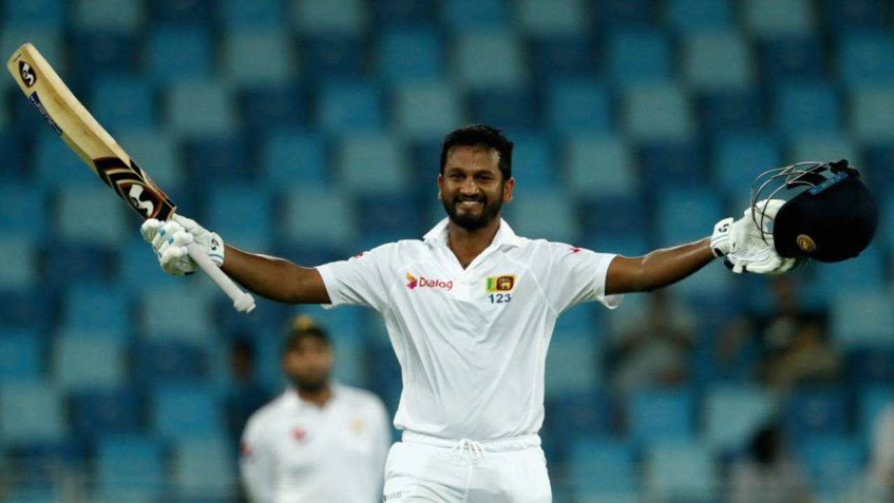 Dimuth Karunaratne celebrates his seventh Test hundred, Pakistan v Sri Lanka, 2nd Test, Dubai, 1st day, October 6, 2017