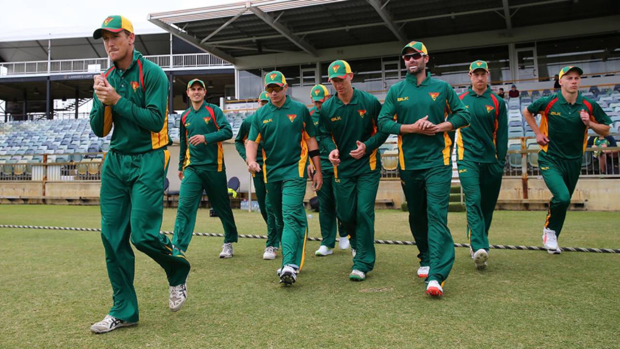 Tasmania captain George Bailey leads his players onto the field, JLT One-Day Cup, Perth, October 4, 2017