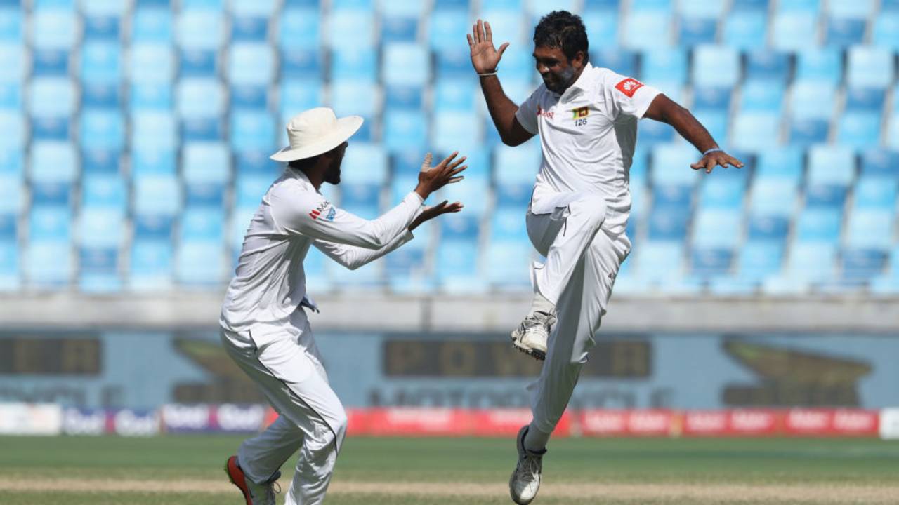Dilruwan Perera takes off in celebration after taking a wicket, Pakistan v Sri Lanka, 2nd Test, Dubai, 5th day, October 10, 2017
