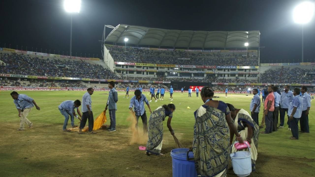 There were large wet patches on the outfield, India v Australia, 3rd T20I, Hyderabad, October 13, 2017
