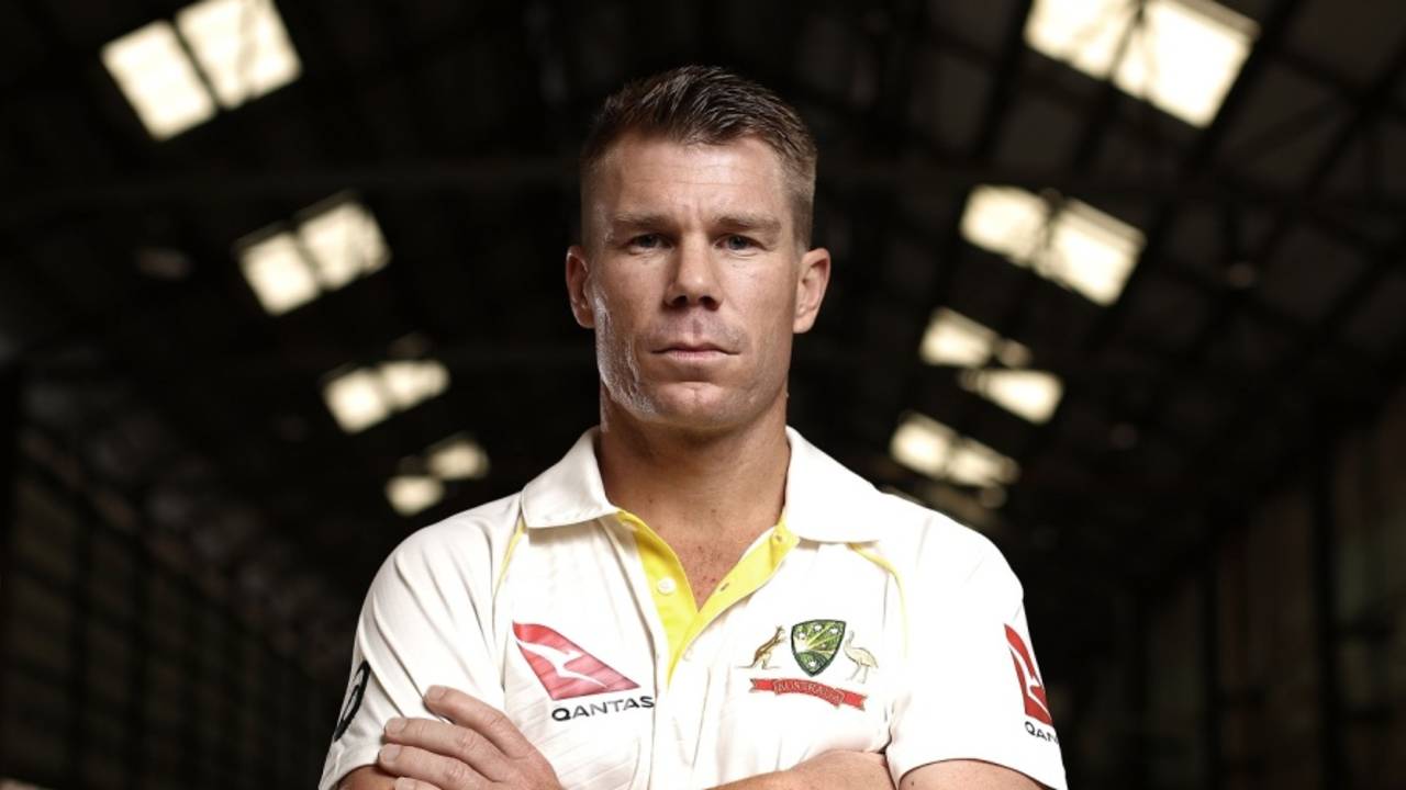 David Warner poses in Australia's new Test kit at a promotional event&nbsp;&nbsp;&bull;&nbsp;&nbsp;Ryan Pierse/Getty Images