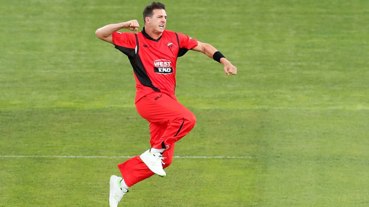 Daniel Worrall is elated after dismissing Aaron Finch for a duck, South Australia v Victoria, JLT One-Day Cup, elimination final, Hobart, October 19, 2017