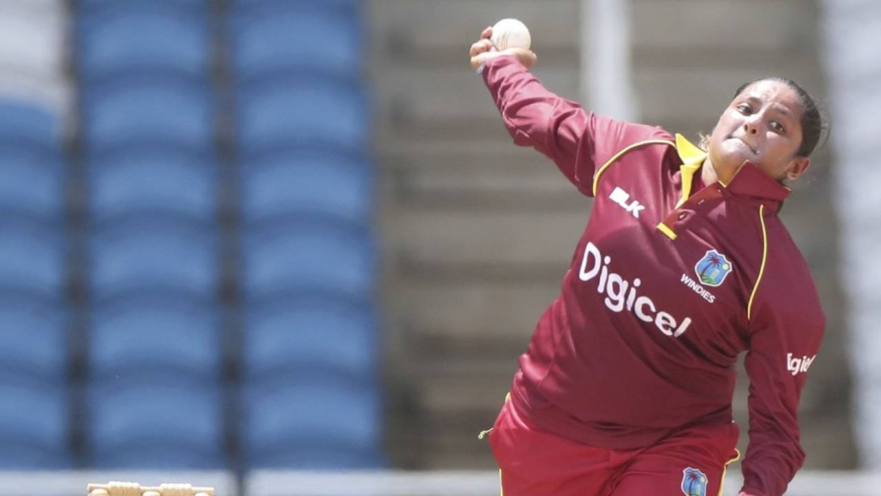 Anisa Mohammed delivers a ball, West Indies Women v Sri Lanka Women, 1st T20I, Antigua, October 19, 2017
