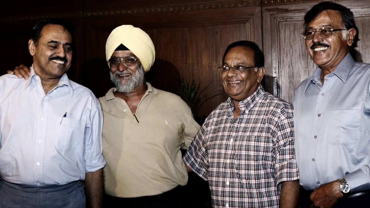 Bhagwath Chandrasekhar, Bishan Bedi, Erapalli Prasanna and Srinivas Venkataraghavan pose during a spinners' meet in Kolkata, May 30, 2003