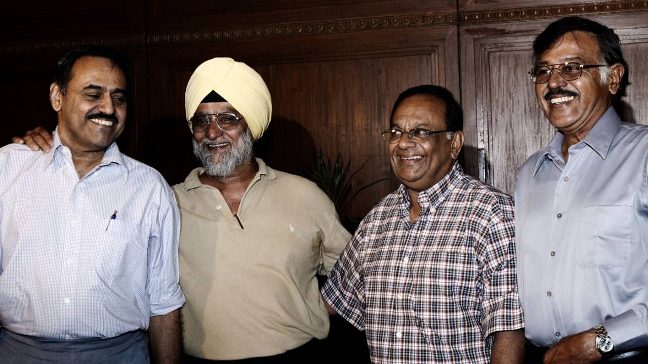 Bhagwath Chandrasekhar, Bishan Bedi, Erapalli Prasanna and Srinivas Venkataraghavan pose during a spinners' meet in Kolkata, May 30, 2003
