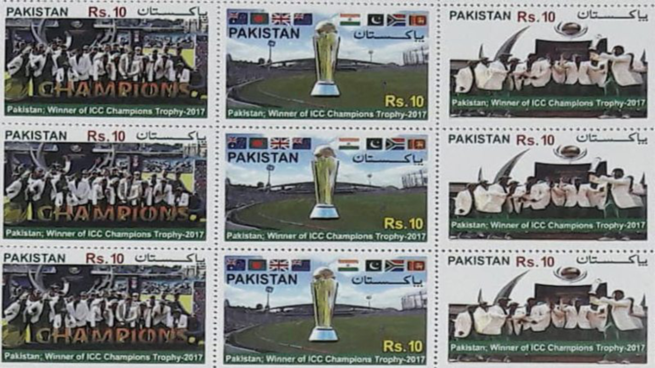 The set of commemorative stamps issued to celebrate Pakistan's win in this year's Champions Trophy&nbsp;&nbsp;&bull;&nbsp;&nbsp;Pakistan Post