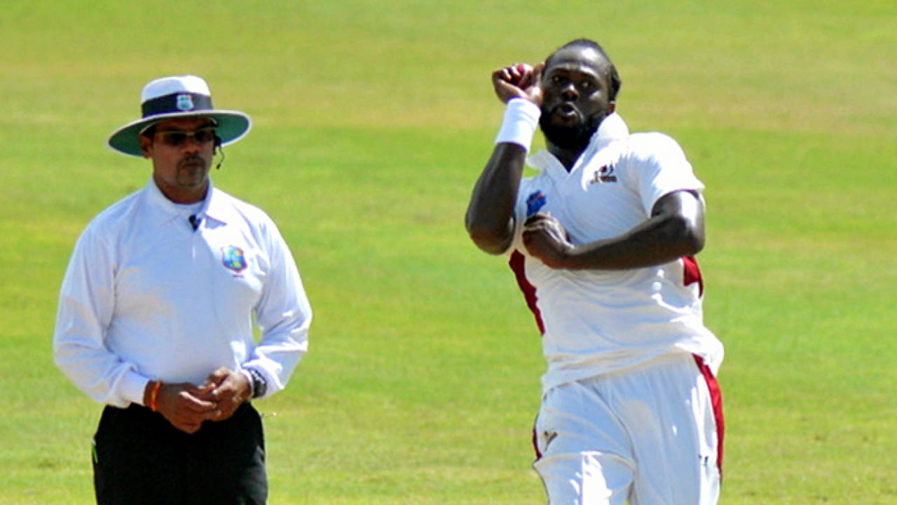 Gavin Tonge, observed by umpire Danesh Ramdhanie here, took nine wickets in the game, Barbados v Leeward Islands, Regional Four-Day Tournament, Bridgetown, 2nd day, November 2, 2017