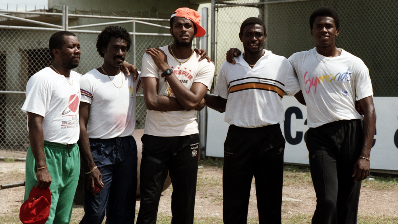 Malcolm Marshall, Ezra Moseley, Courtney Walsh, Patrick Patterson and Ian Bishop pose for a photo, Kingston, February 24, 1990