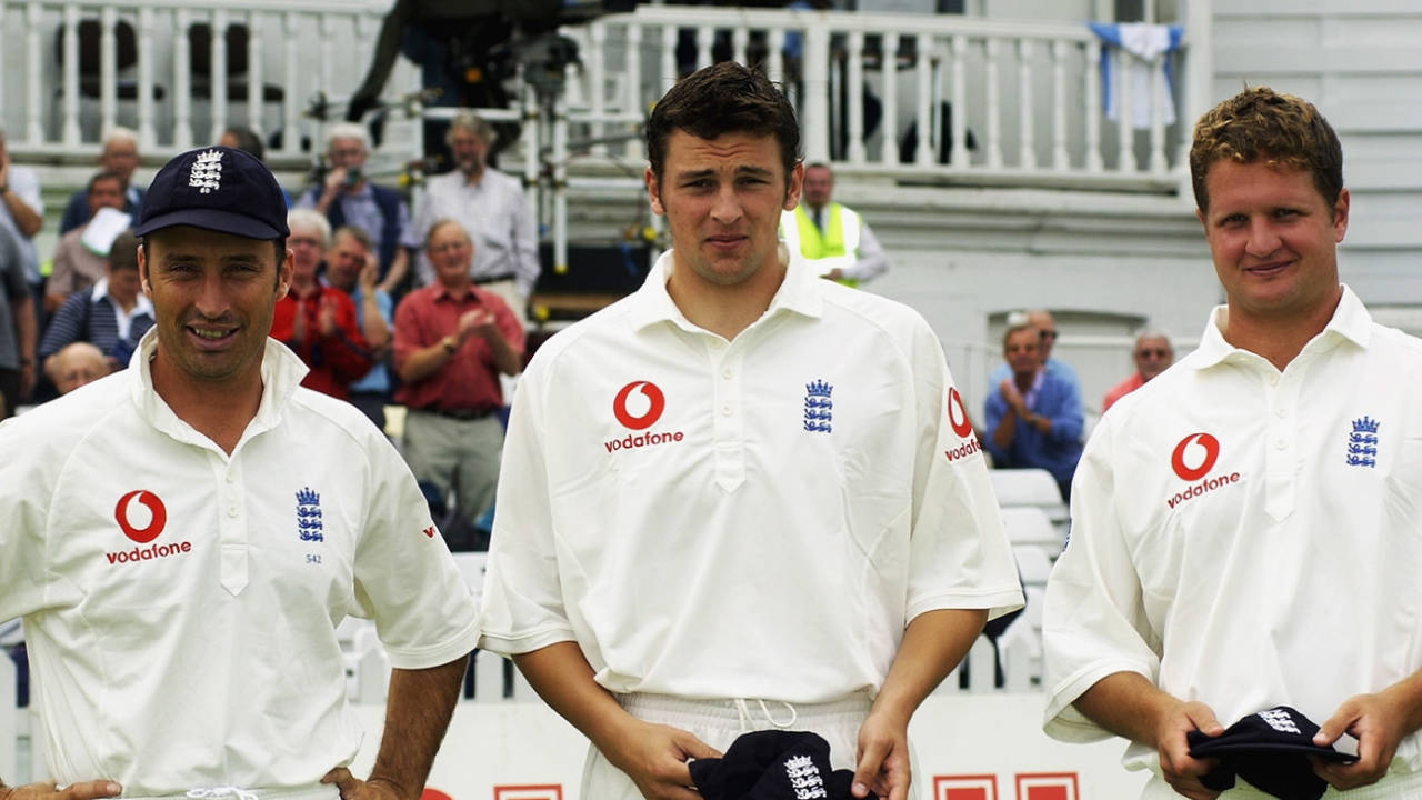 Rob Key and Steve Harmison receive their Test caps from Nasser Hussain, England v India, second Test, day one, Trent Bridge, August 8, 2002