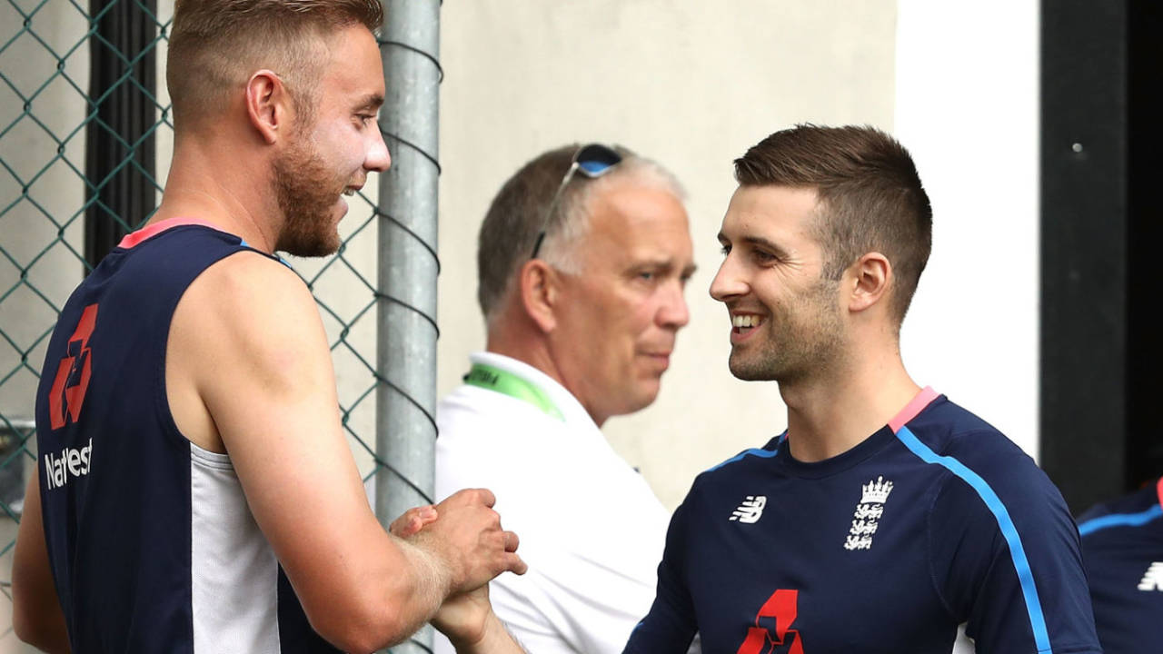 Stuart Broad greets Mark Wood at England nets, Brisbane, November 21, 2017