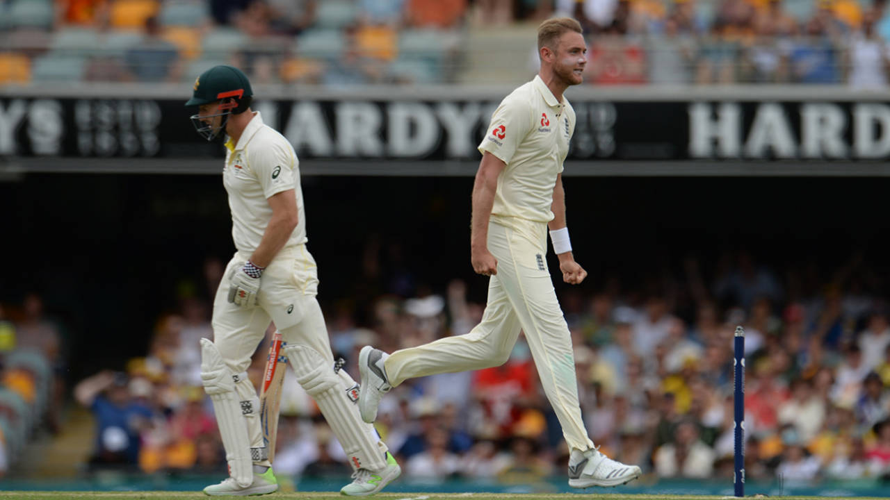 Stuart Broad celebrates the wicket of Shaun Marsh, Australia v England, 1st Test, Brisbane, 3rd day, November 25, 2017