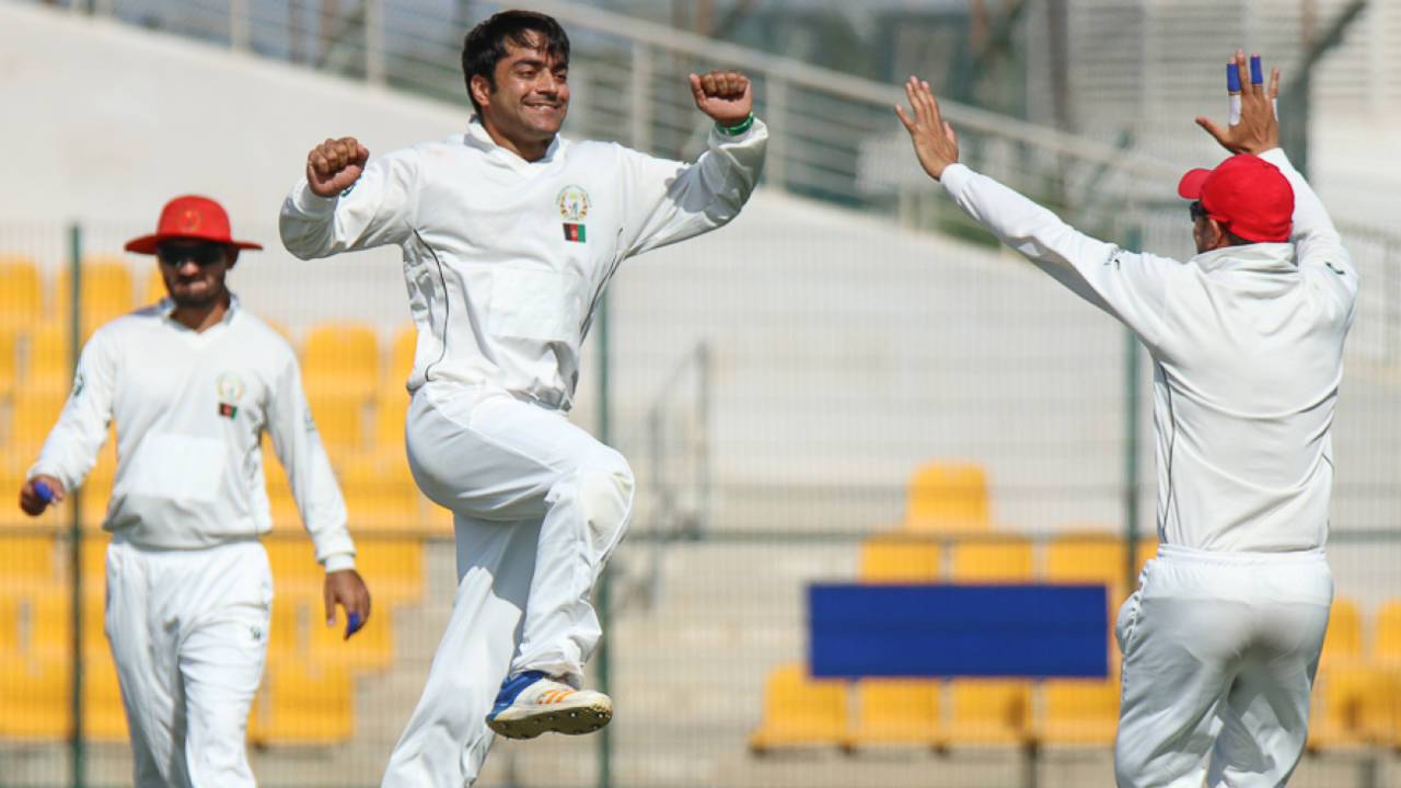 Rashid Khan leaps in the air to celebrate a five-wicket haul&nbsp;&nbsp;&bull;&nbsp;&nbsp;Peter Della Penna
