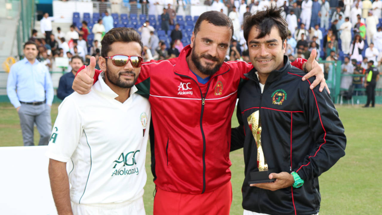 Zahir Khan, coach Raees Ahmadzai and Rashid Khan celebrate winning the Intercontinental Cup, UAE v Afghanistan, 2015-17 Intercontinental Cup, 4th day, Abu Dhabi, December 2, 2017