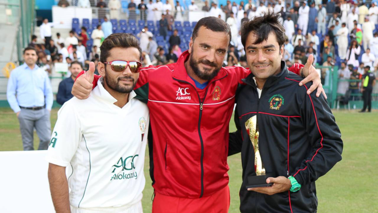 Zahir Khan, coach Raees Ahmadzai and Rashid Khan celebrate winning the Intercontinental Cup, UAE v Afghanistan, 2015-17 Intercontinental Cup, 4th day, Abu Dhabi, December 2, 2017