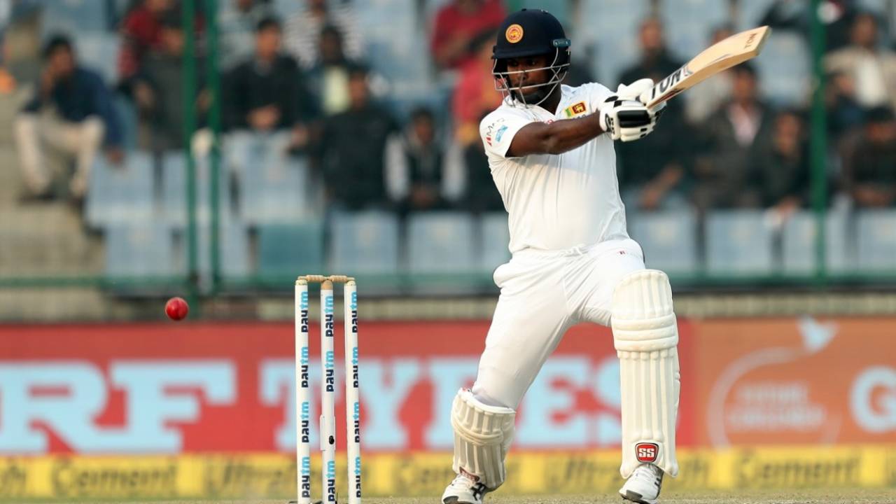 Angelo Mathews slashes through the off side, India v Sri Lanka, 3rd Test, Delhi, 2nd day, December 3, 2017