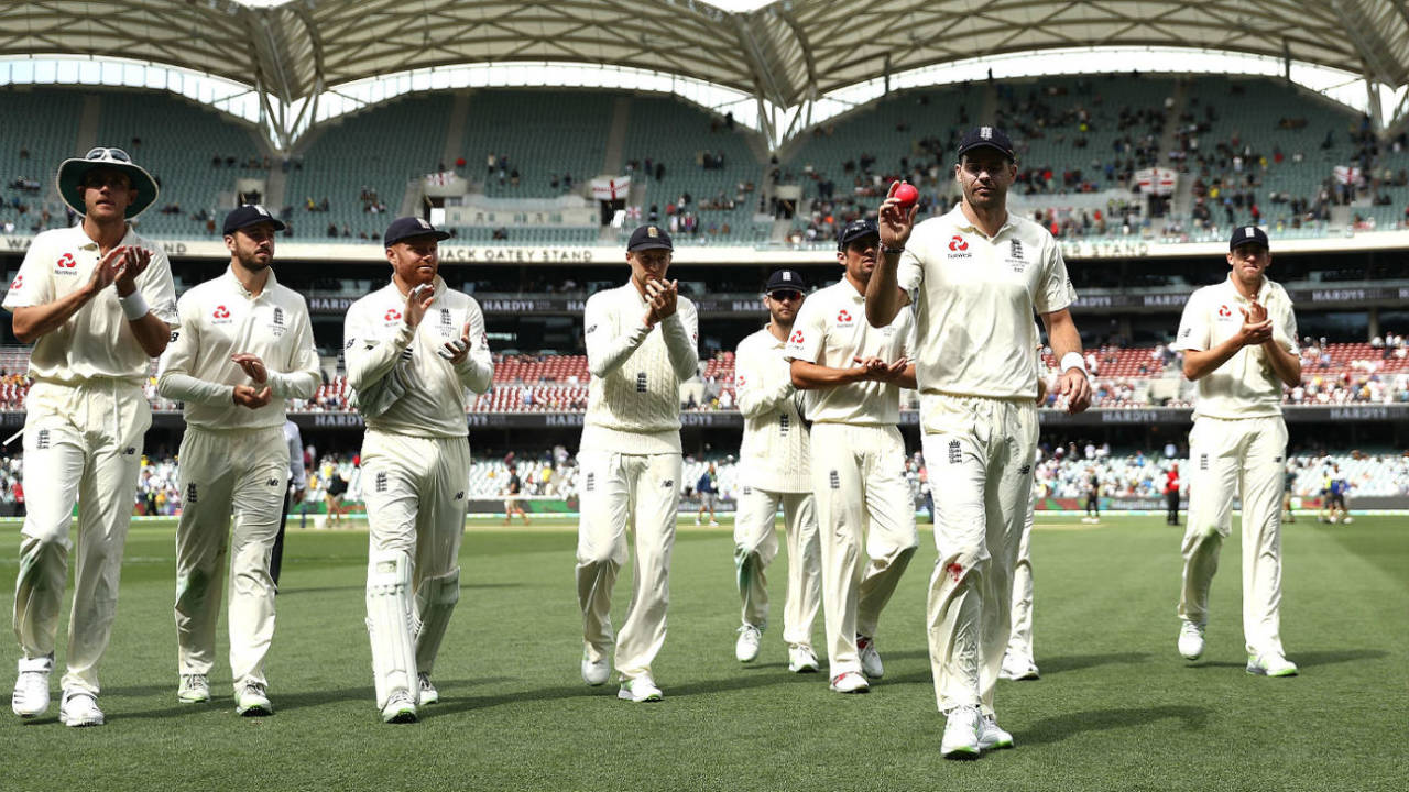 James Anderson leads England off after claiming his maiden five-for in Australia, Australia v England, 2nd Test, Adelaide, 4th day, December 5, 2017