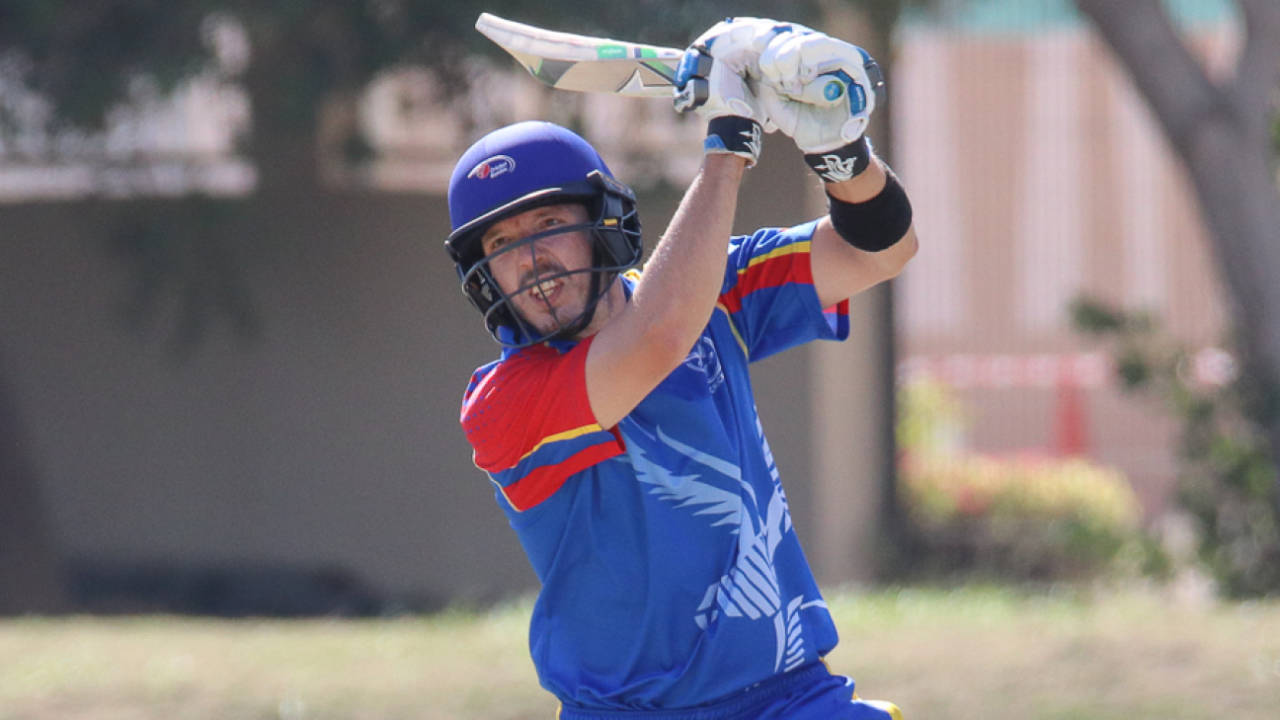 Sarel Burger drives over cover for a boundary, Namibia v Netherlands, 2015-17 WCL Championship, Dubai, December 6, 2017