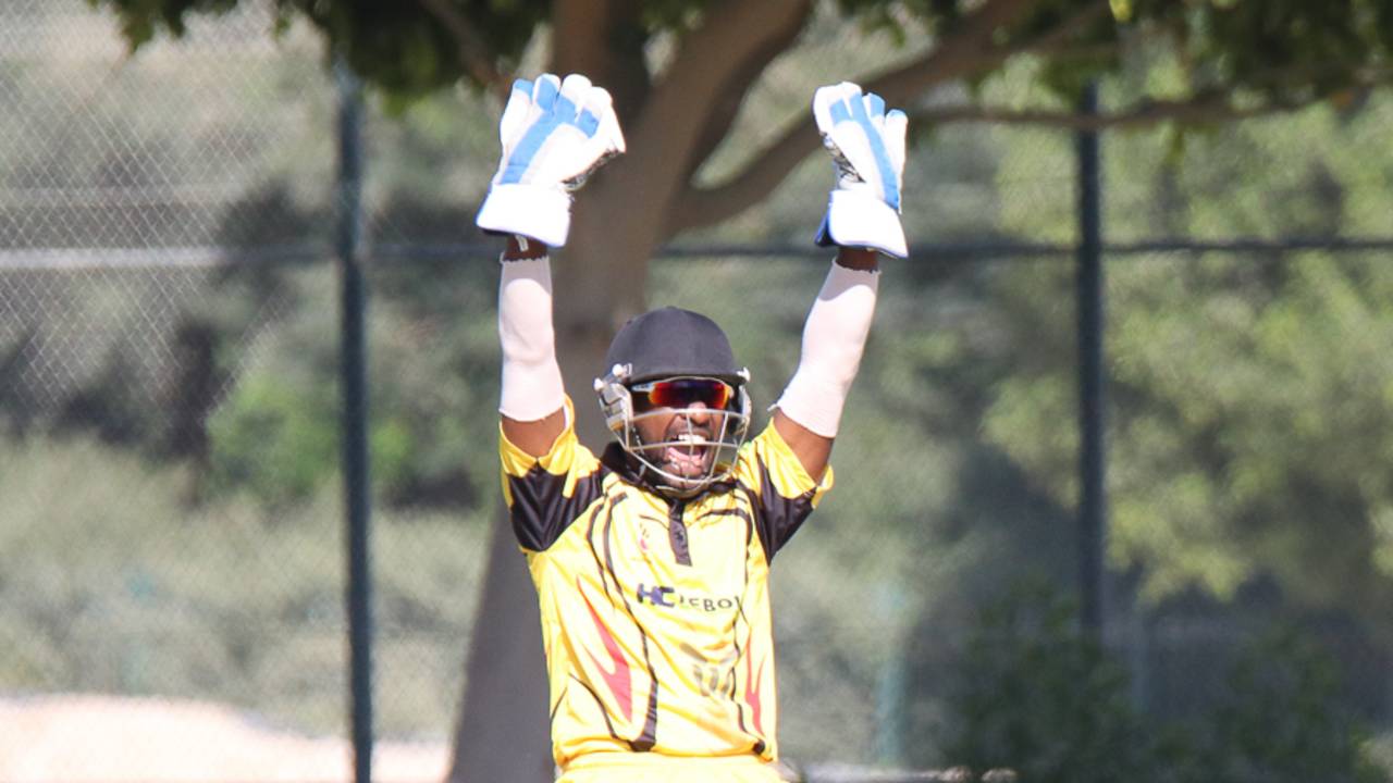 Jack Vare belts out a successful appeal for lbw, Hong Kong v Papua New Guinea, 1st ODI, 2015-17 WCL Championship, Dubai, December 6, 2017