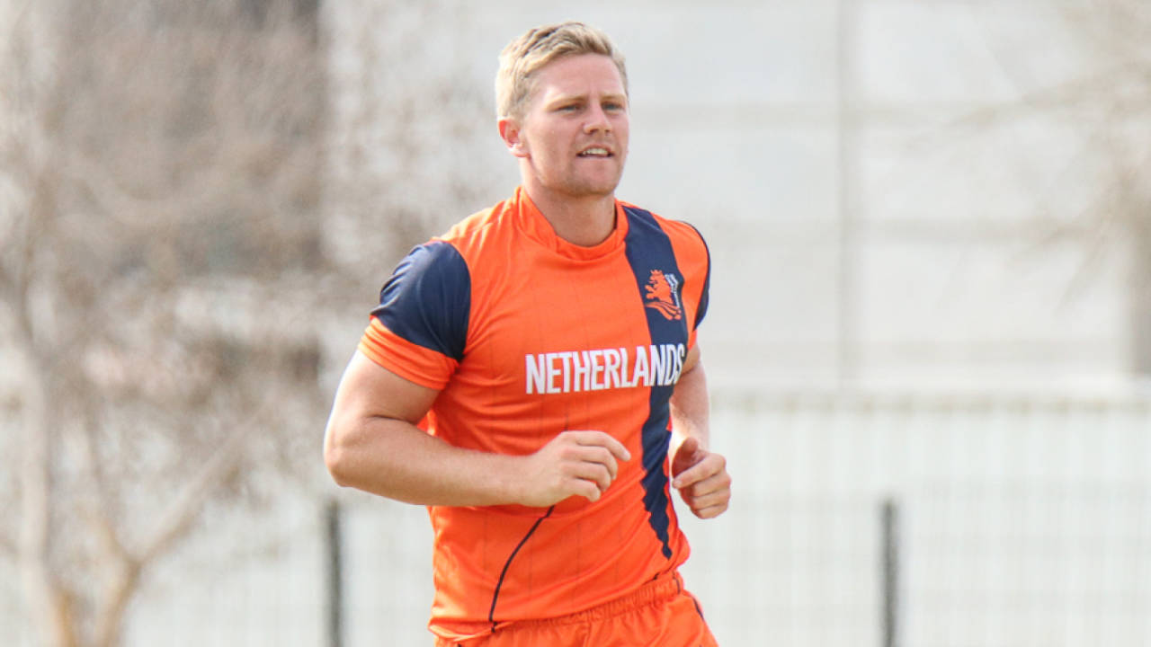 Timm van der Gugten flashes a brief grin after taking a wicket, Namibia v Netherlands, 2015-17 WCL Championship, Dubai, December 8, 2017