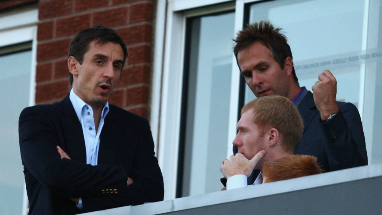Gary Neville with Paul Scholes and Michael Vaughan at cricket's Old Trafford