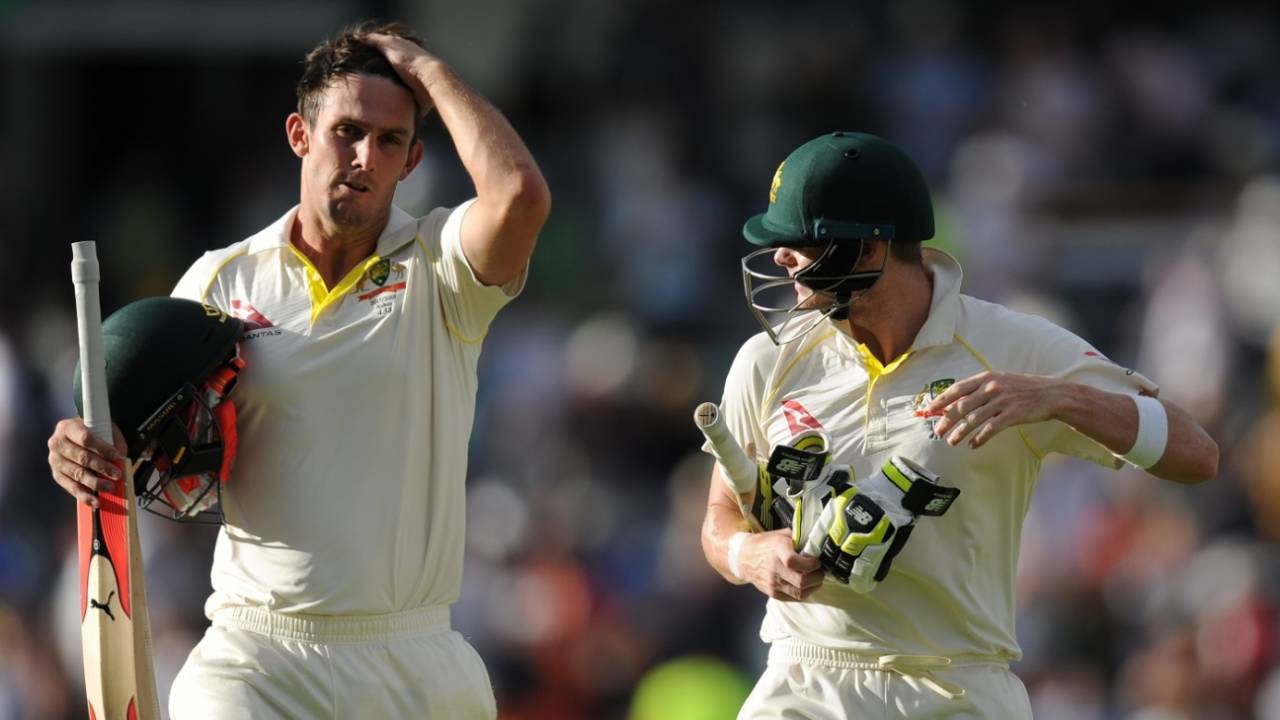 Mitchell Marsh and Steven Smith walk back after an exhausting day, Australia v England, 3rd Test, Perth, 3rd day,  December 16, 2017