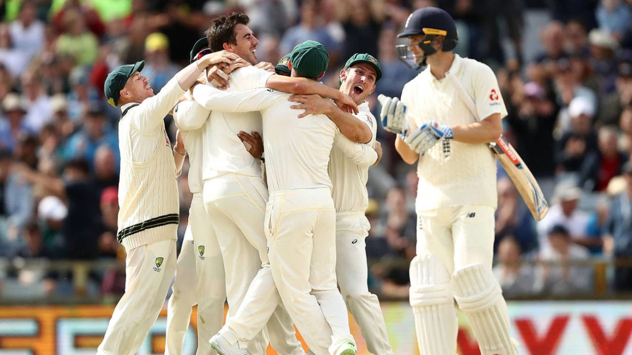 
Winning moment: Australia celebrate as Pat Cummins takes the Ashes-clinching wicket
, Australia v England, 3rd Test, Perth, 5th day, December 18, 2017