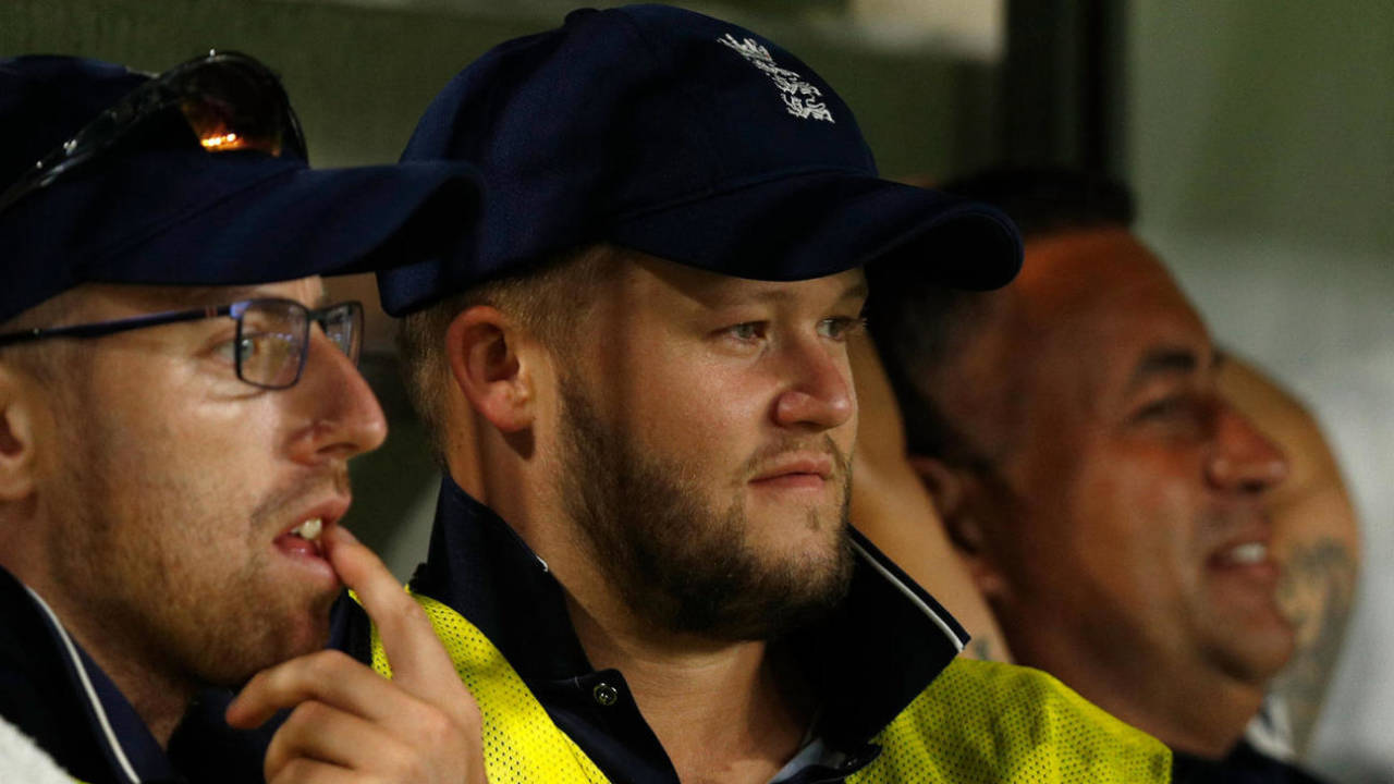 Ben Duckett (centre) watches from the bench during England Lions T20 match against Perth Scorchers, Perth Stadium, December 13, 2017