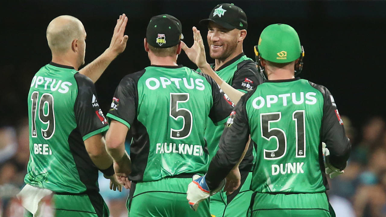 John Hastings celebrates after catching Sam Heazlett at mid-on, Brisbane Heat v Melbourne Stars, Big Bash League 2017-18, Brisbane, December 20, 2017