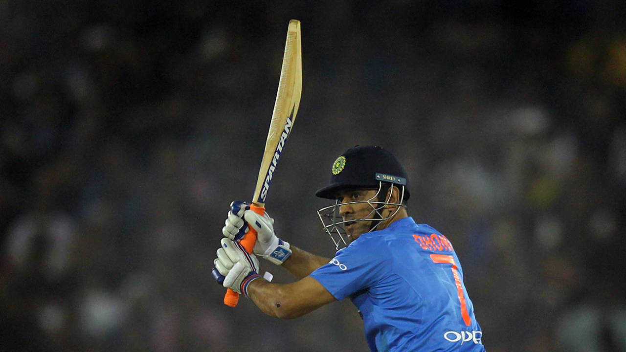 MS Dhoni watches the ball race away, India v Sri Lanka, 1st T20I, Cuttack, December 20, 2017