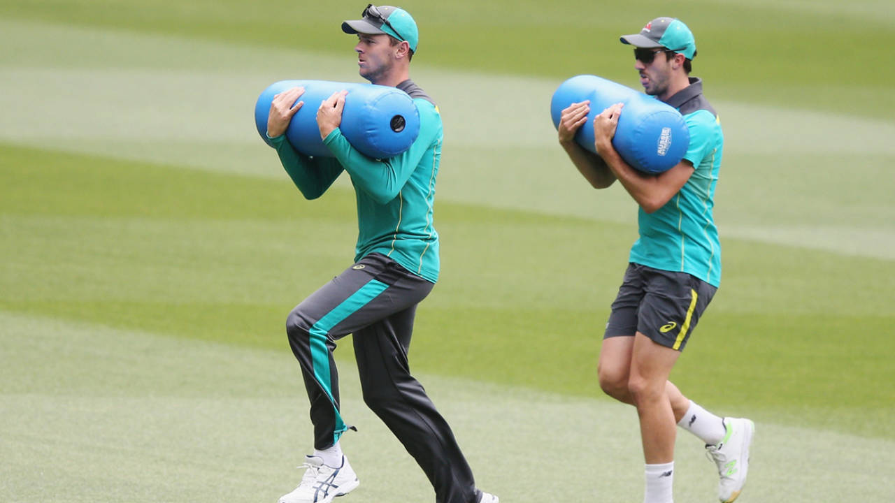Josh Hazlewood and Pat Cummins at a training drill, The Ashes 2017-18, Melbourne, December 24, 2017