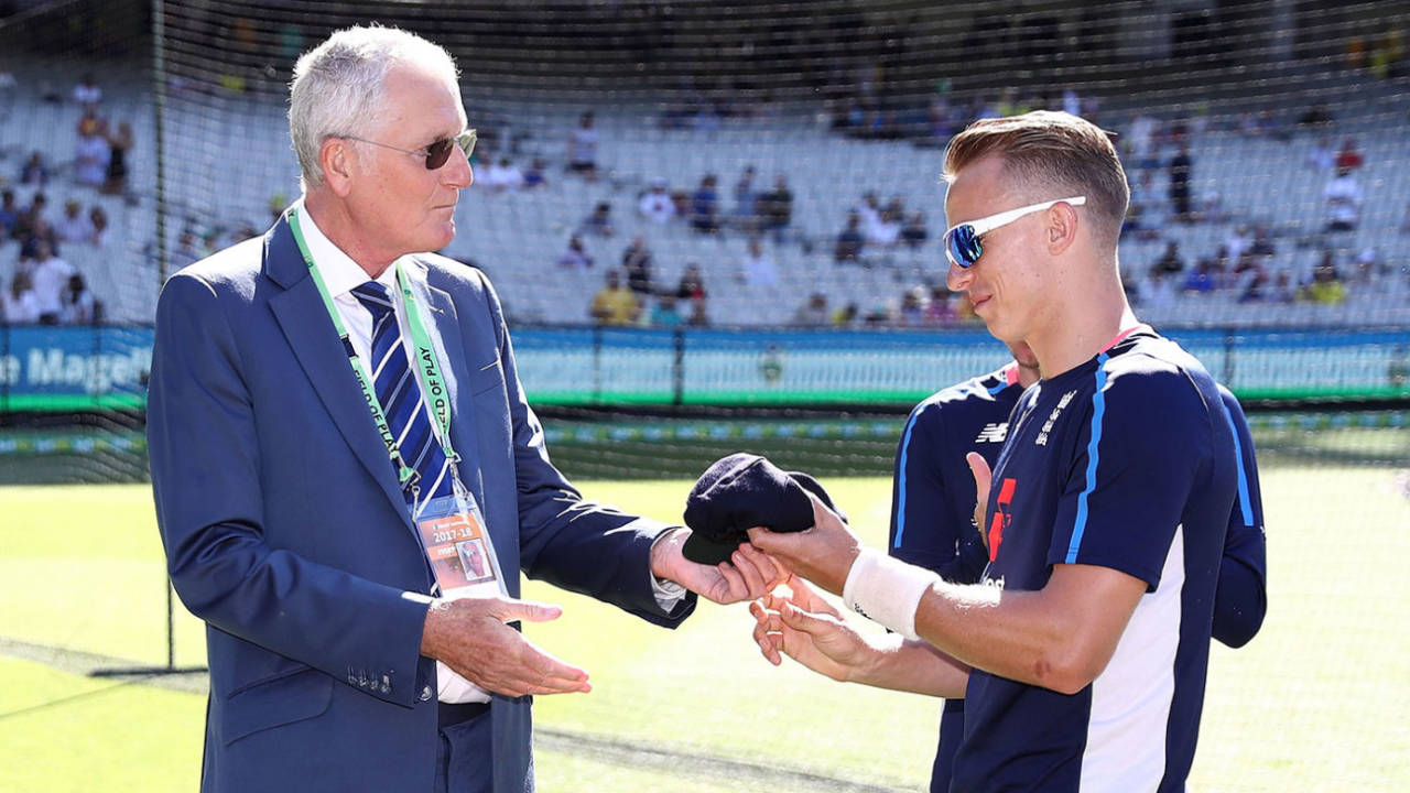 Tom Curran was handed his Test cap by Bob Willis, Australia v England, 4th Test, Melbourne, December 26, 2017