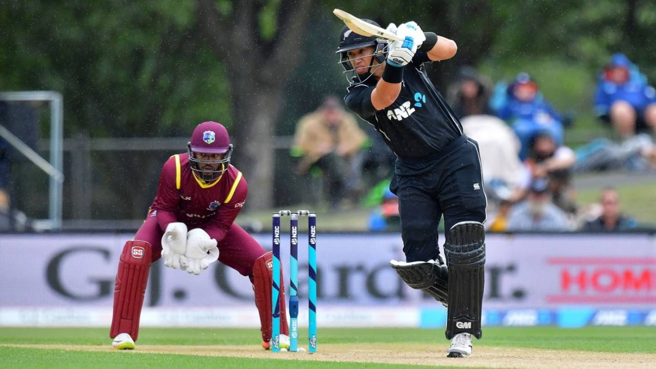 Ross Taylor crunches one through the off side, New Zealand v West Indies, 3rd ODI, Christchurch, December 26, 2017