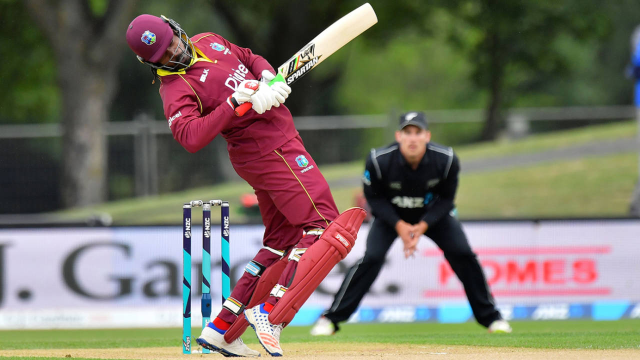 Chris Gayle swerves out of the way of a Matt Henry delivery, New Zealand v West Indies, 3rd ODI, Christchurch, December 26, 2017
